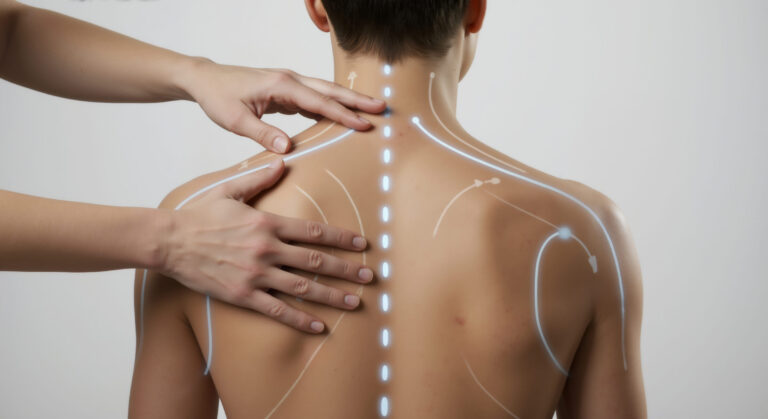 Illustration of a back with muscle pathways highlighted.